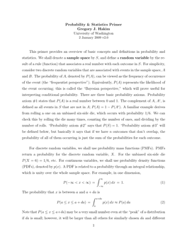 Probability & Statistics Primer Gregory J. Hakim University of Washington This Primer Provides an Overview of Basic Concepts