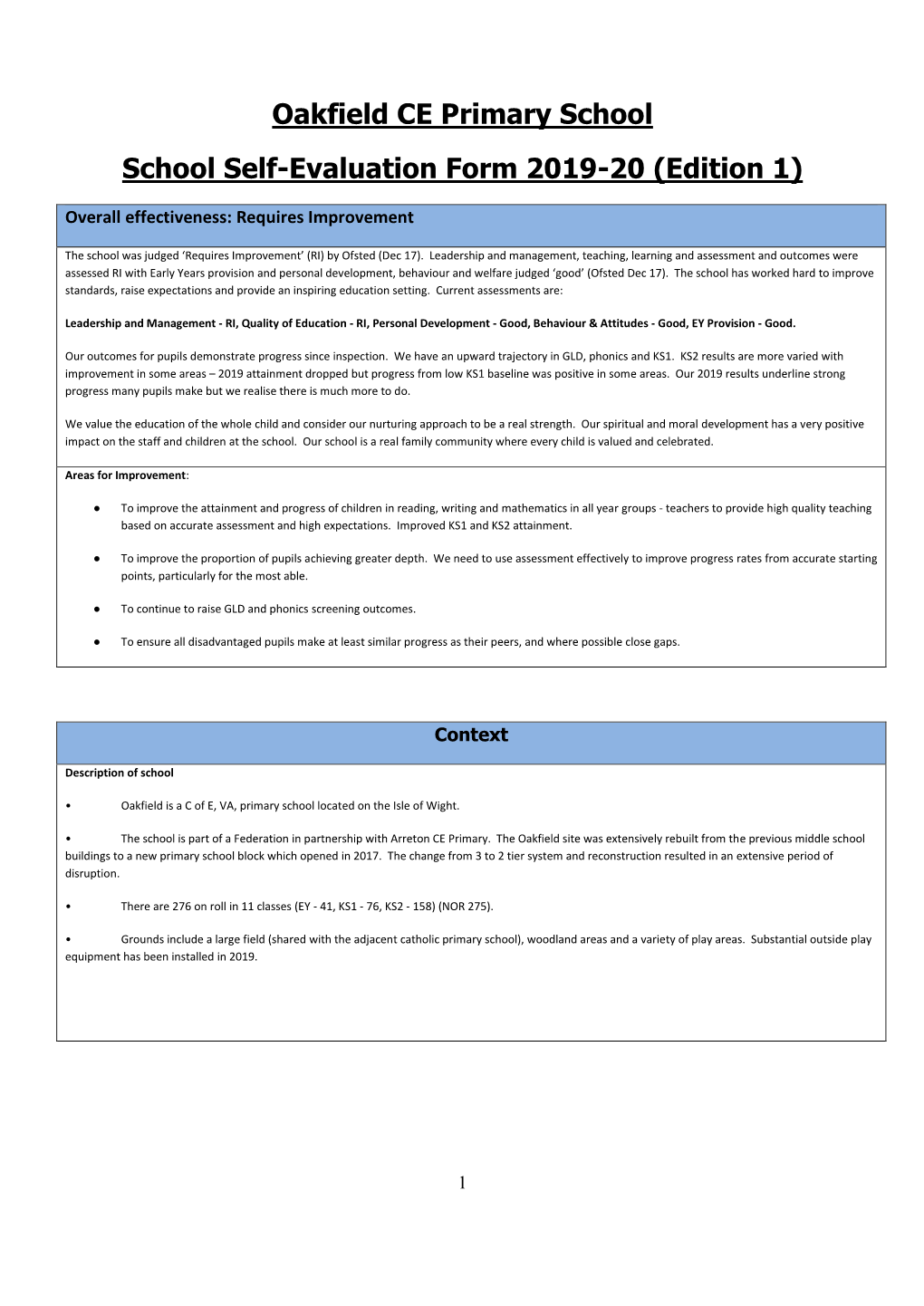Oakfield CE Primary School School Self-Evaluation Form 2019-20 (Edition 1)
