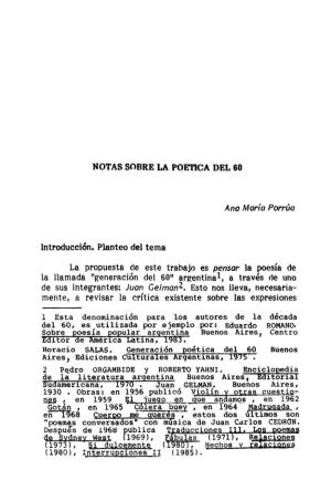 NOTAS SOBRE LA POETICA DEL 60 Ana María Porrúa Introducción