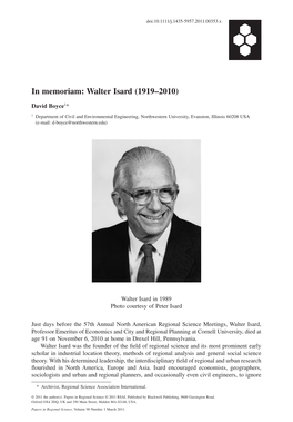 In Memoriam: Walter Isard (19192010)