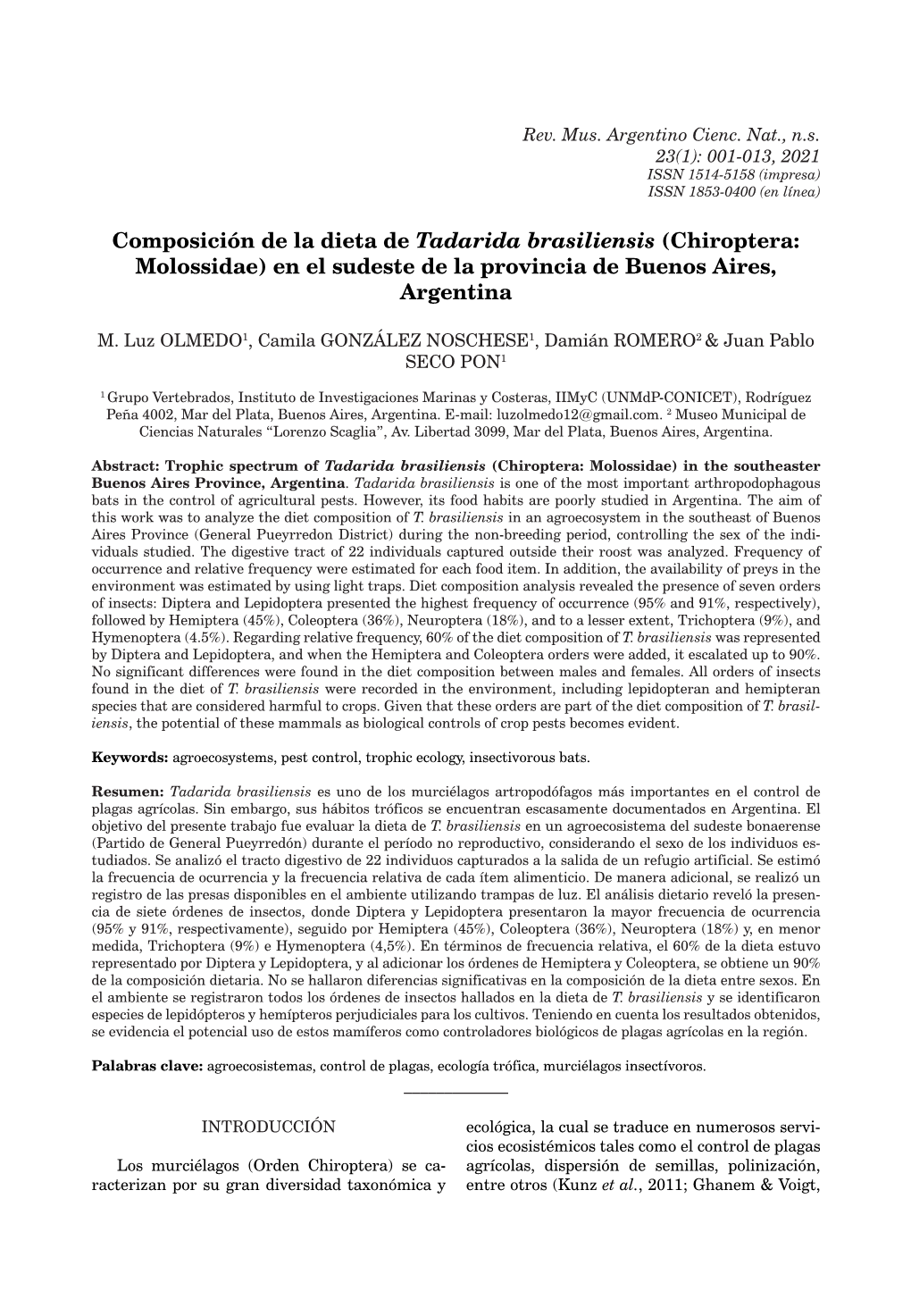 Composición De La Dieta De Tadarida Brasiliensis (Chiroptera: Molossidae) En El Sudeste De La Provincia De Buenos Aires, Argentina