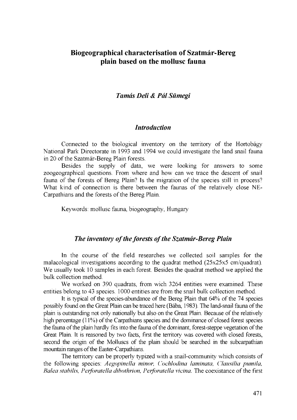 Biogeographical Characterisation of Szatmár-Bereg Plain Based on the Mollusc Fauna