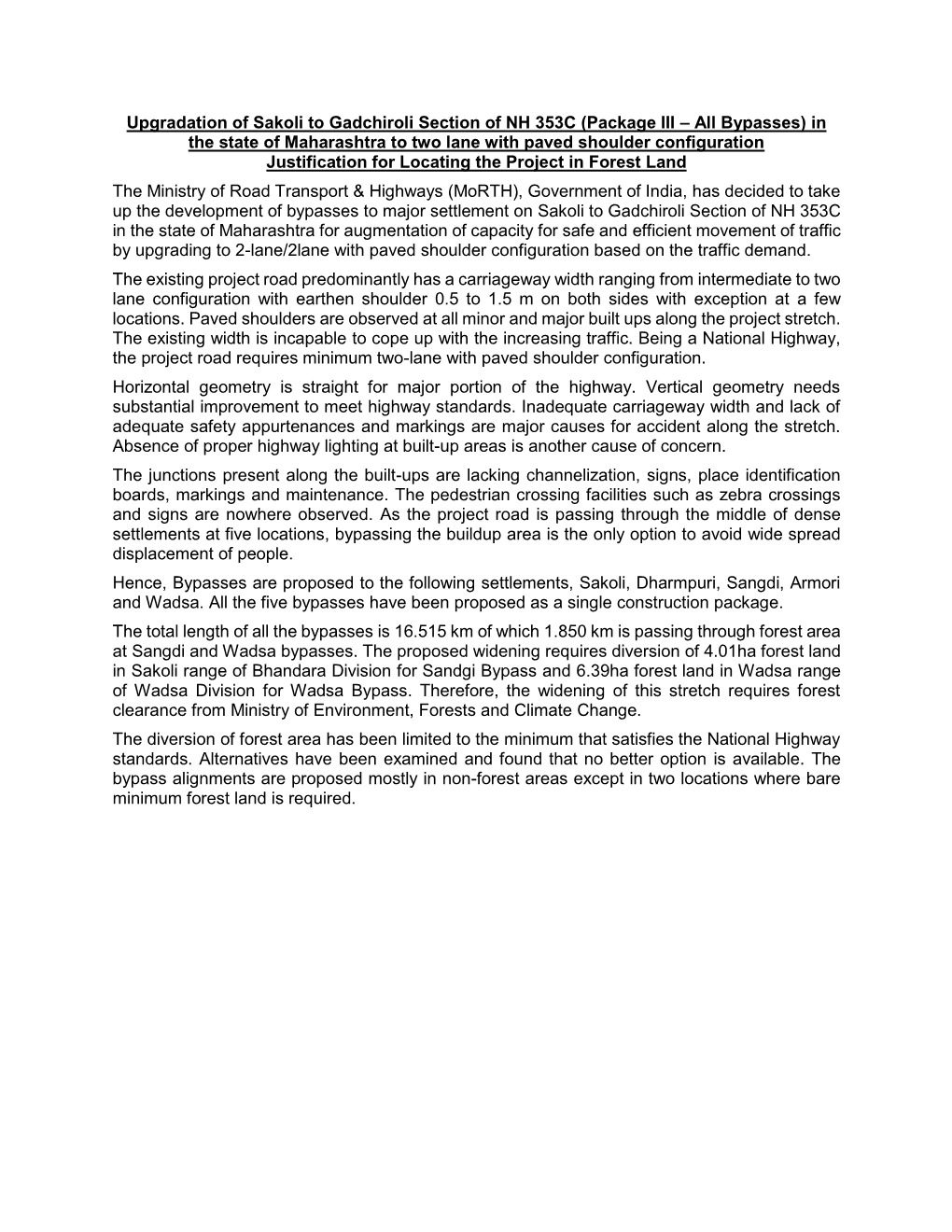 Upgradation of Sakoli to Gadchiroli Section of NH 353C (Package III – All Bypasses) in the State of Maharashtra to Two Lane Wi