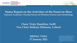 Status Report on the Activities of the Panel on Mars National Academies' Decadal Survey on Planetary Science and Astrobiology