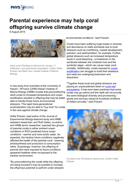 Parental Experience May Help Coral Offspring Survive Climate Change 5 August 2015