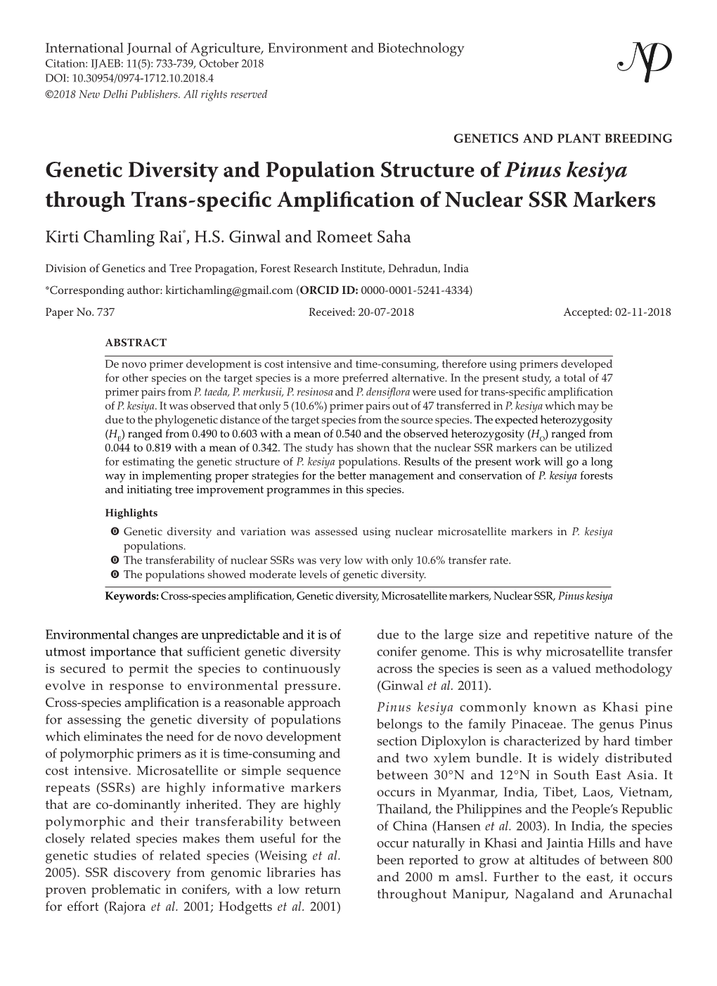 Genetic Diversity and Population Structure of Pinus Kesiya Through Trans-Specific Amplification of Nuclear SSR Markers Kirti Chamling Rai*, H.S