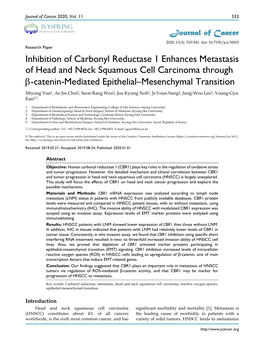Inhibition of Carbonyl Reductase 1 Enhances Metastasis of Head and Neck Squamous Cell Carcinoma Through Β-Catenin-Mediated Epit