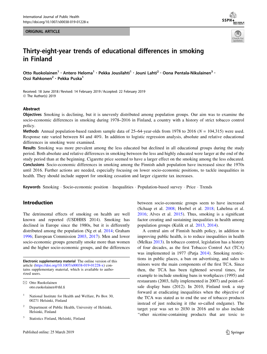 Thirty-Eight-Year Trends of Educational Differences in Smoking in Finland