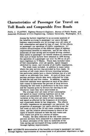 Characteristics of Passenger Car Travel on Toll Roads and Comparable Free Roads