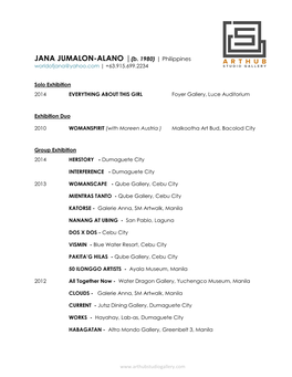 JANA JUMALON-ALANO |(B. 1980) | Philippines Worldofjana@Yahoo.Com | +63.915.699.2234