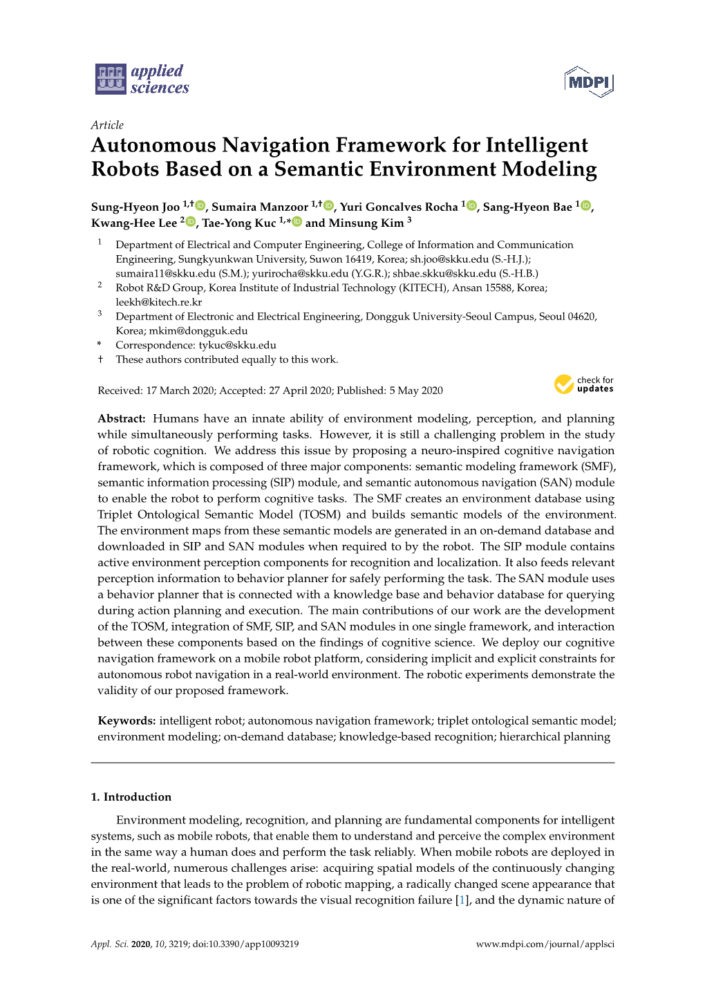 Autonomous Navigation Framework for Intelligent Robots Based on a Semantic Environment Modeling