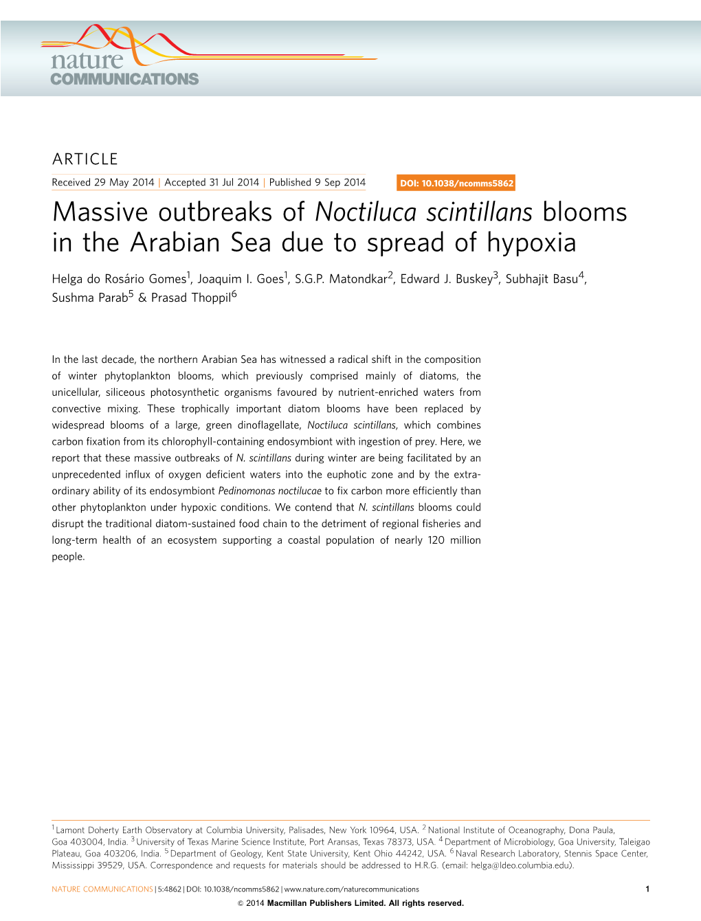 Massive Outbreaks of Noctiluca Scintillans Blooms in the Arabian Sea Due to Spread of Hypoxia