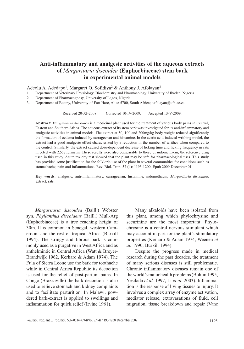 Anti-Inflammatory and Analgesic Activities of the Aqueous Extracts of Margaritaria Discoidea (Euphorbiaceae) Stem Bark in Experimental Animal Models