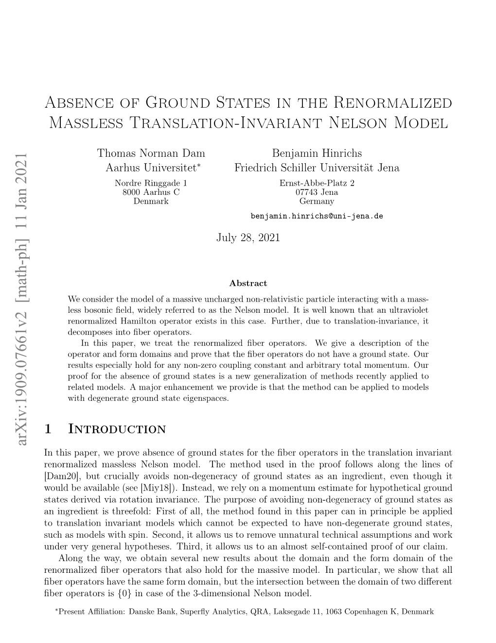 Arxiv:1909.07661V2 [Math-Ph] 11 Jan 2021 Absence of Ground