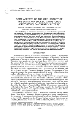 Some Aspects of the Life History of the Santa Ana Sucker, Catostomus (Pantosteus) Santaanae (Snyder) 1