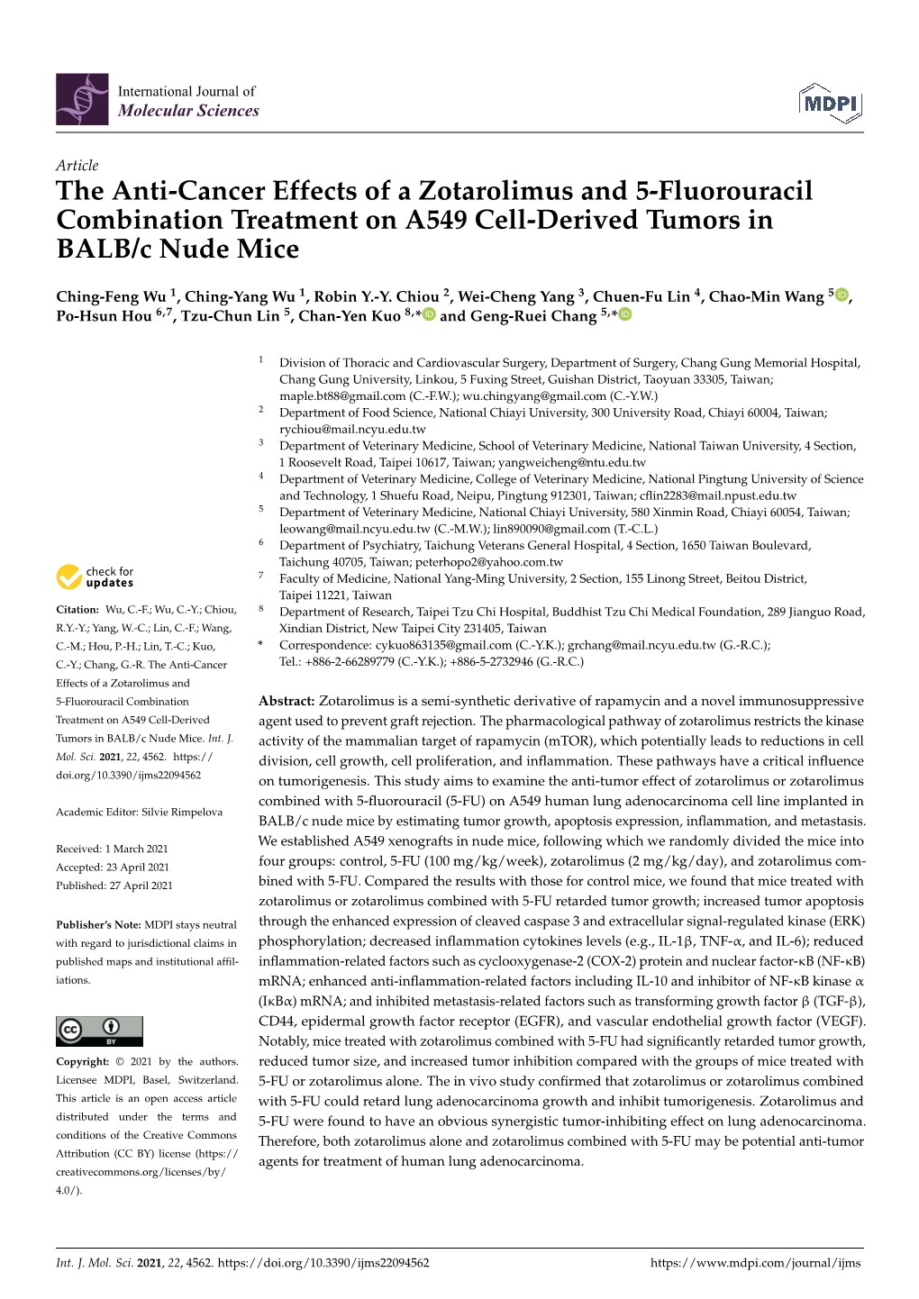 The Anti-Cancer Effects of a Zotarolimus and 5-Fluorouracil Combination Treatment on A549 Cell-Derived Tumors in BALB/C Nude Mice