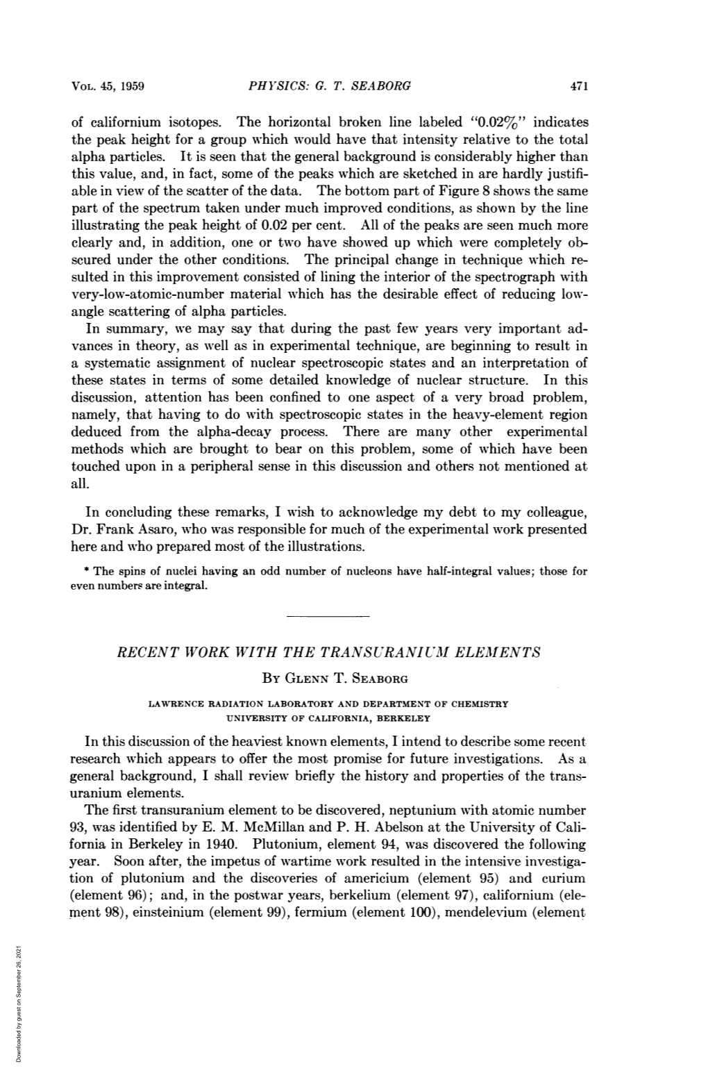 Ment 98), Einsteinium (Element 99), Fermium (Element 100), Mendelevium (Element Downloaded by Guest on September 26, 2021 472 PHYSICS: G