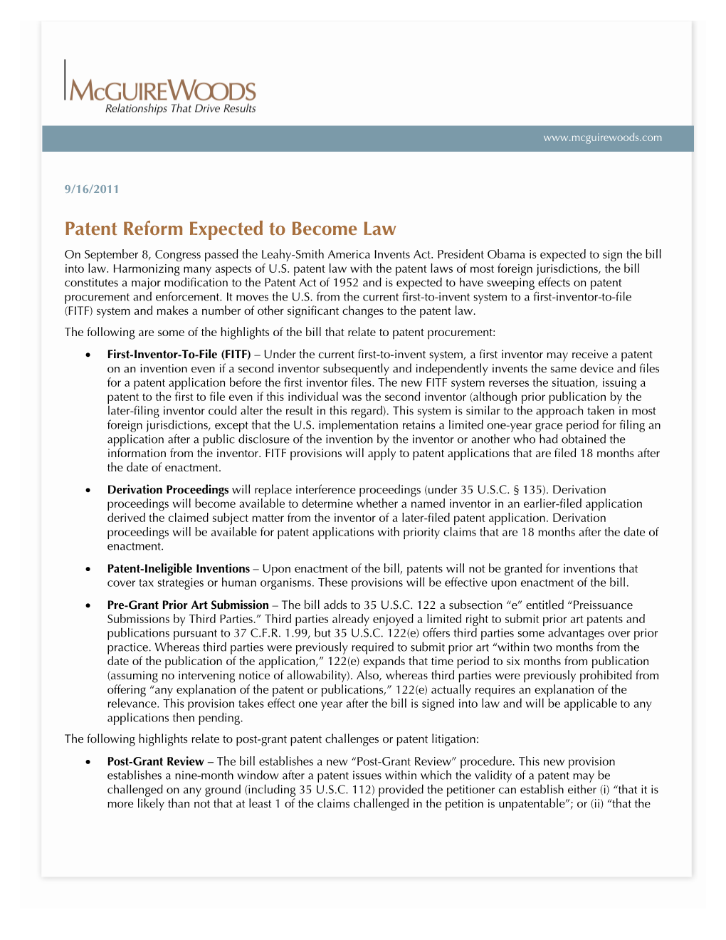 Patent Reform Expected to Become Law on September 8, Congress Passed the Leahy-Smith America Invents Act