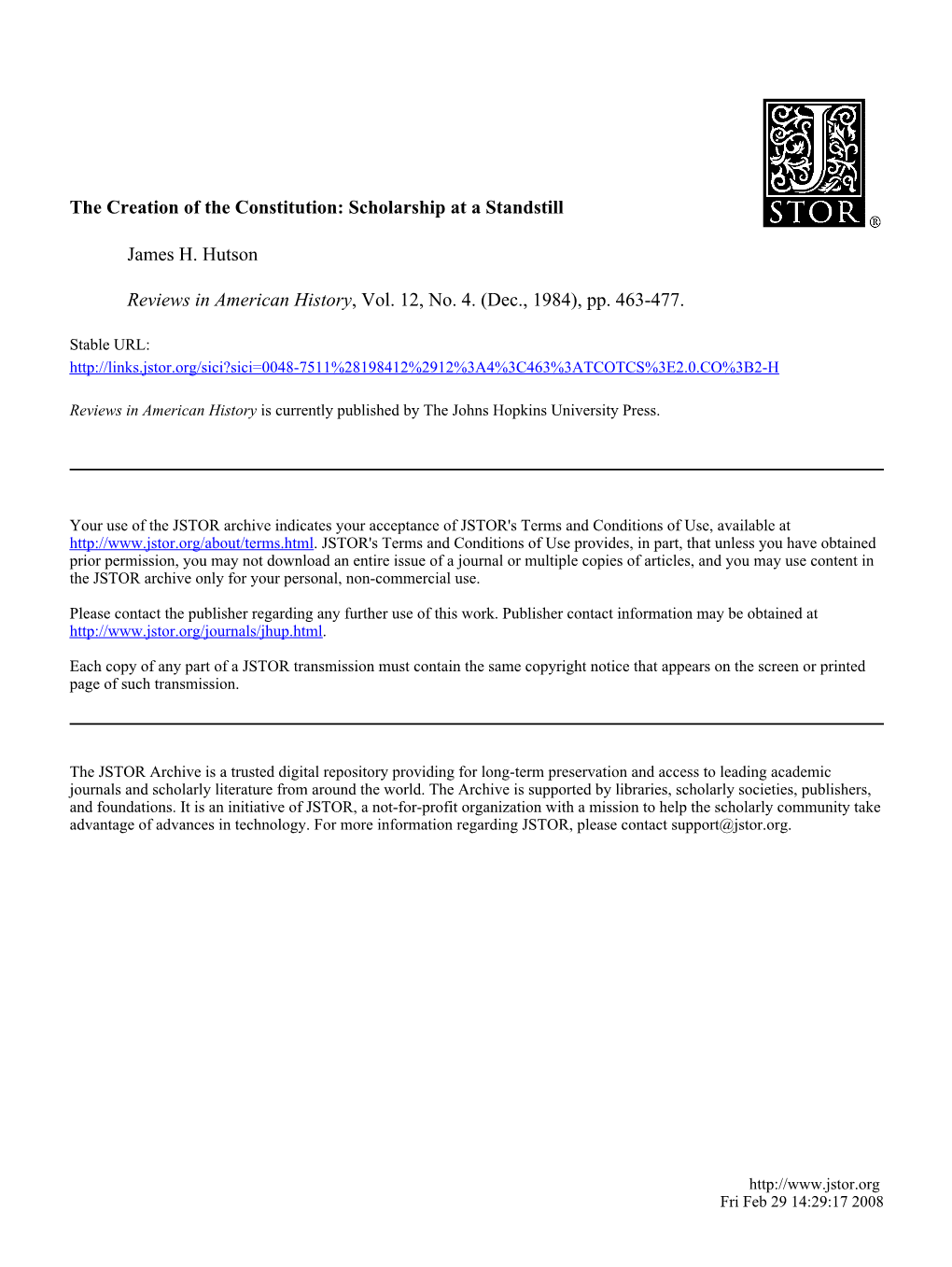 The Creation of the Constitution: Scholarship at a Standstill James H