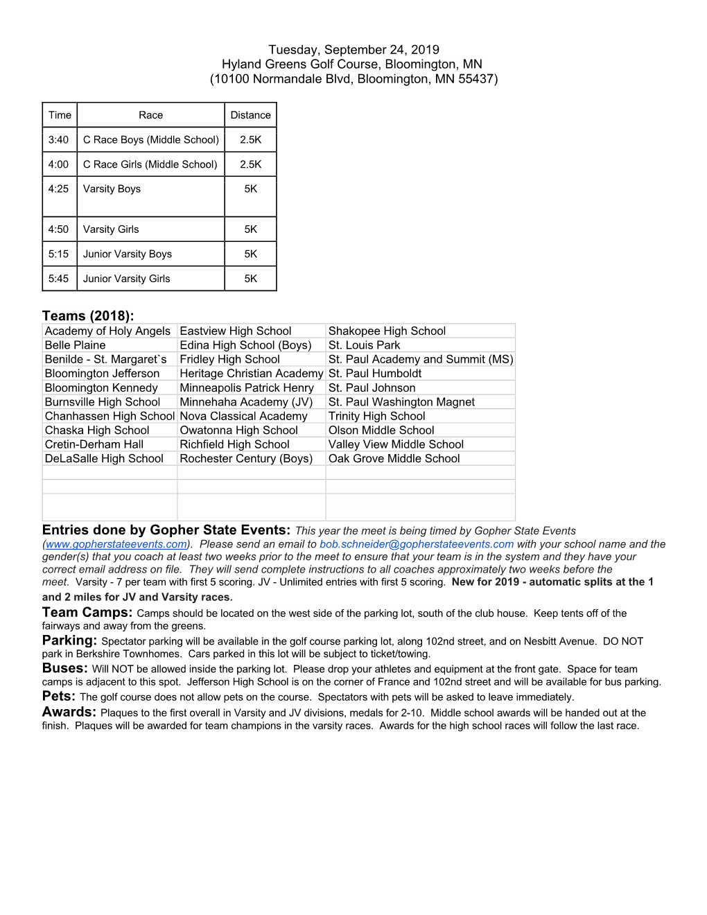 Teams (2018): Academy of Holy Angels Eastview High School Shakopee High School Belle Plaine Edina High School (Boys) St