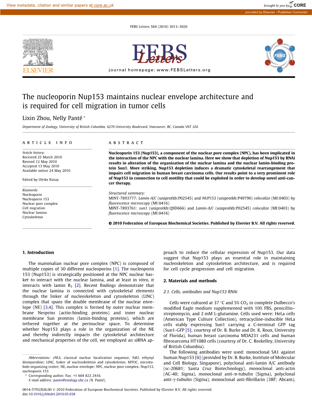 The Nucleoporin Nup153 Maintains Nuclear Envelope Architecture and Is Required for Cell Migration in Tumor Cells