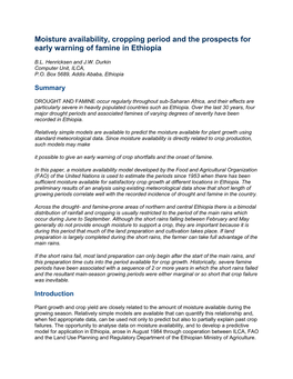 Moisture Availability, Cropping Period and the Prospects for Early Warning of Famine in Ethiopia