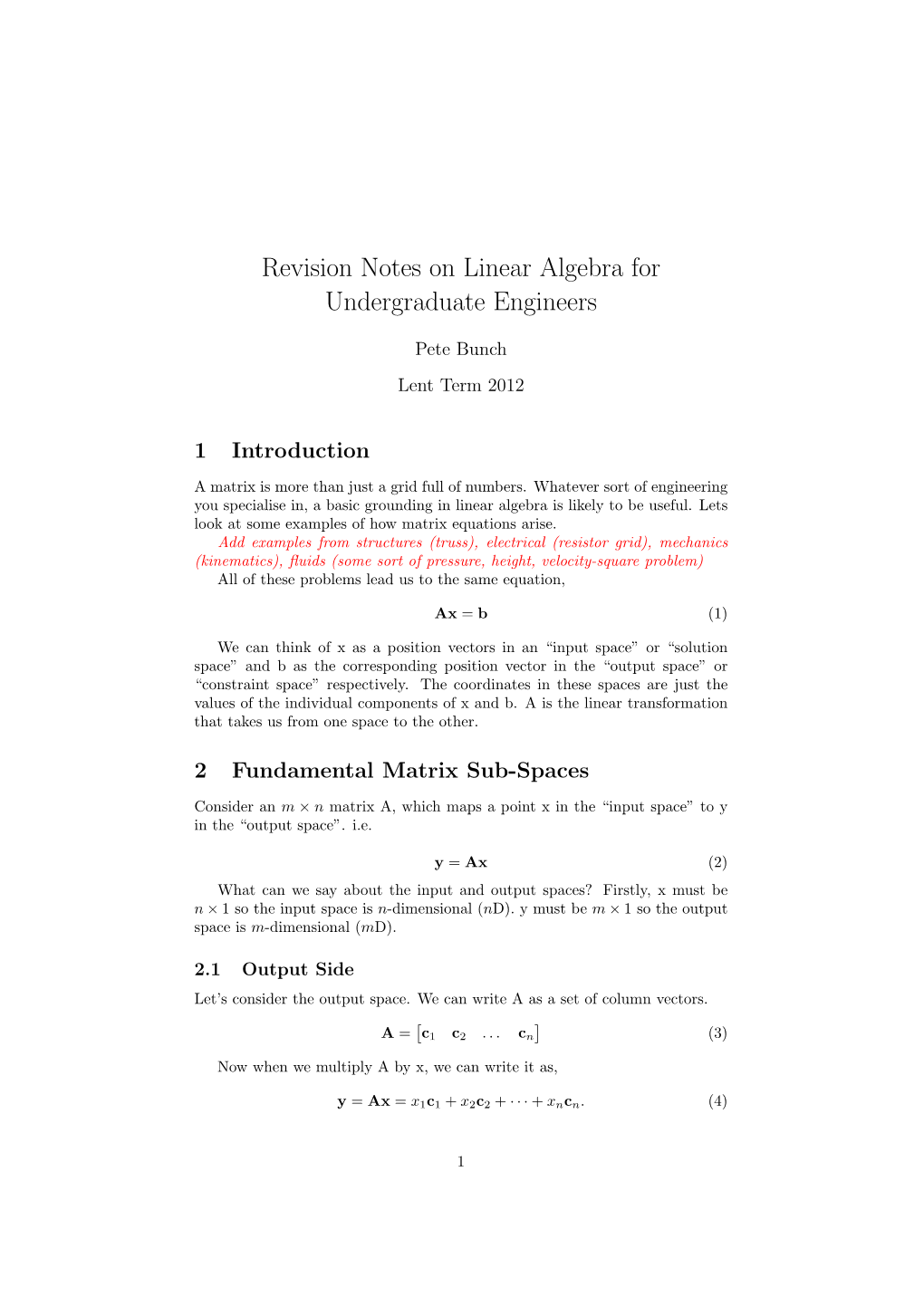 Revision Notes on Linear Algebra for Undergraduate Engineers