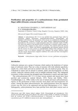 Purification and Properties of a Carboxylesterase from Germinated Finger Millet (Eleusine Coracana Gaertn.)