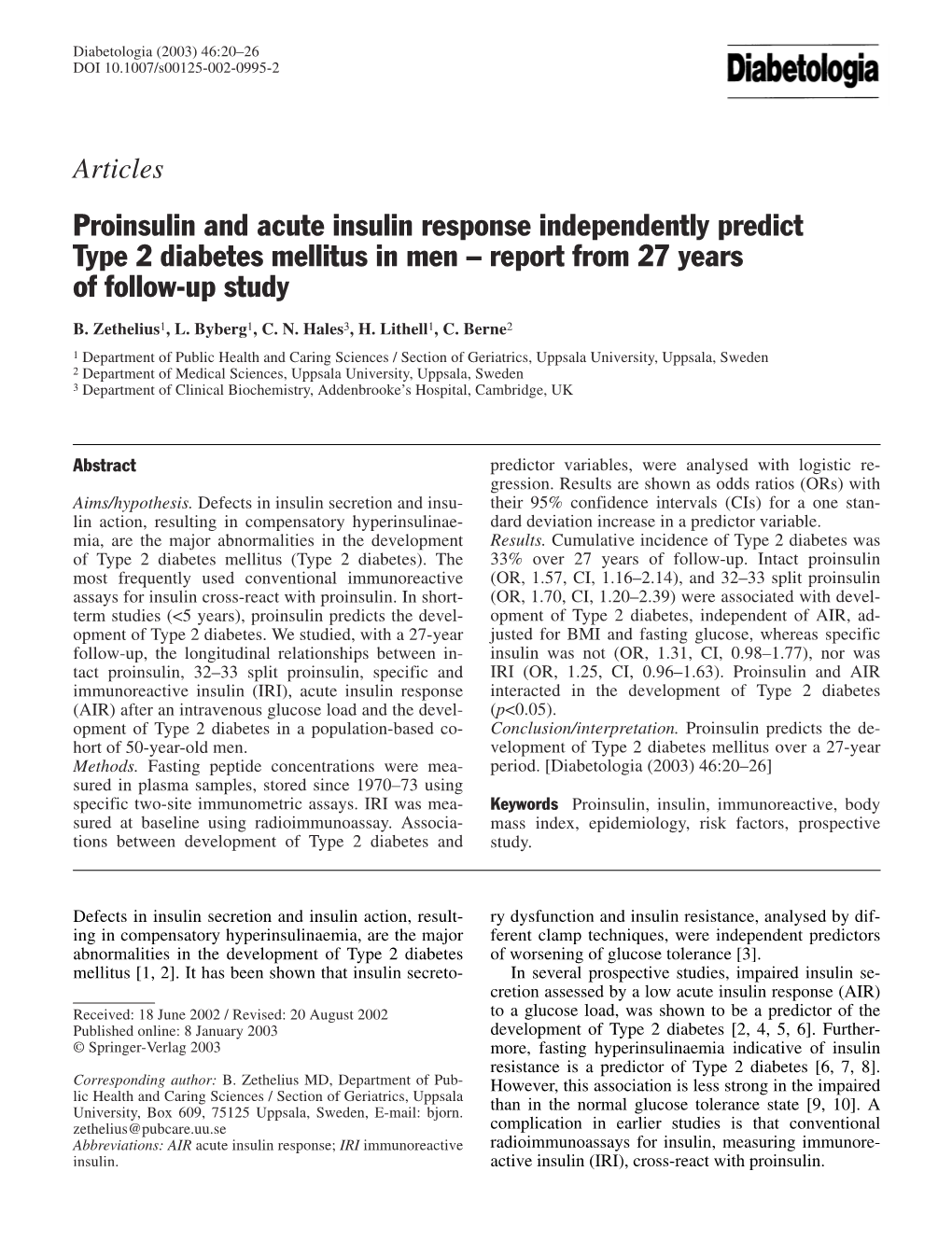 Proinsulin and Acute Insulin Response Independently Predict Type 2 Diabetes Mellitus in Men – Report from 27 Years of Follow-Up Study