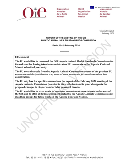 EU Comment the EU Would Like to Commend the OIE Aquatic Animal Health Standards Commission for Its Work and for Having Taken