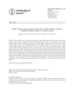 Stable Carbon Isotope Analysis of the Diets of West African Bovids in Pendjari Biosphere Reserve, Northern Benin