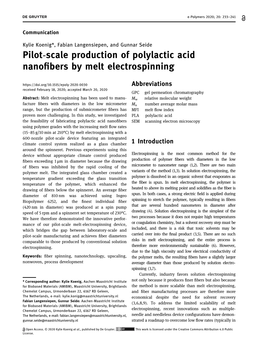 Pilot-Scale Production of Polylactic Acid Nanofibers by Melt Electrospinning