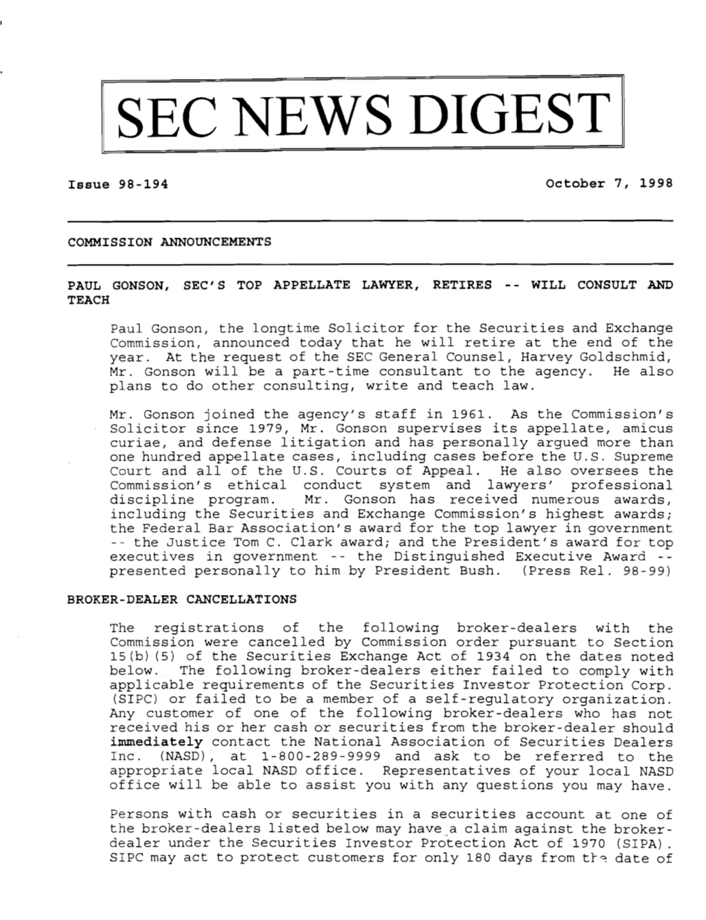 SEC News Digest, 10-7-1998