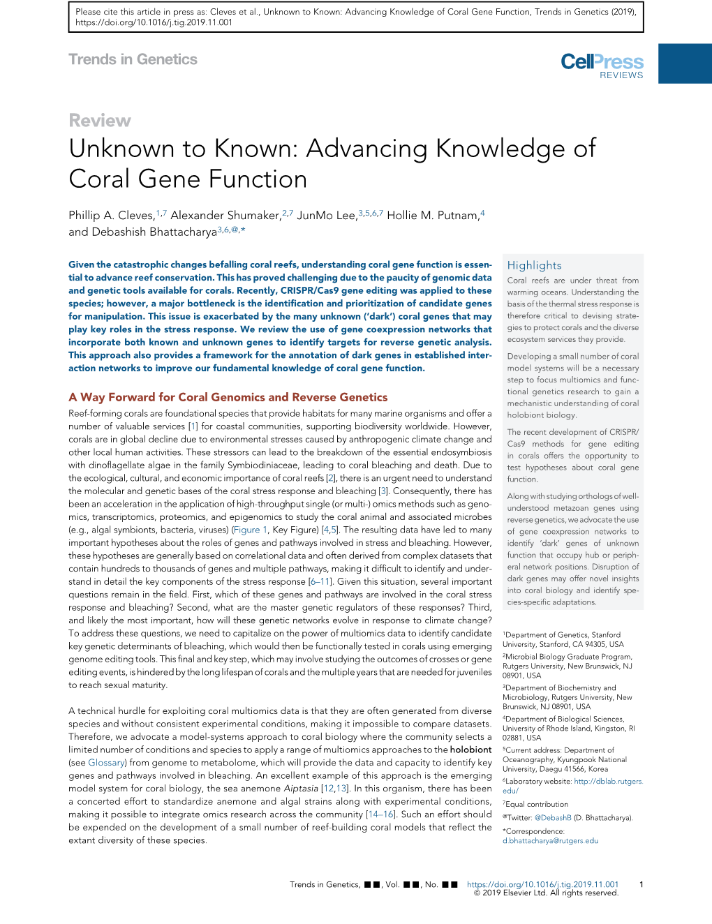 Unknown to Known: Advancing Knowledge of Coral Gene Function, Trends in Genetics (2019)