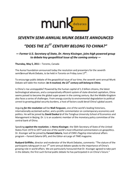 Seventh Semi-Annual Munk Debate Announced