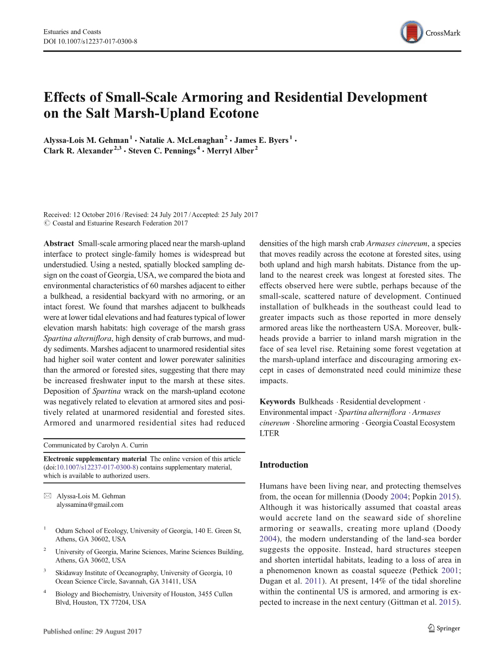 Effects of Small-Scale Armoring and Residential Development on the Salt Marsh-Upland Ecotone