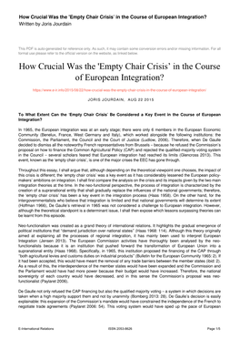 Empty Chair Crisis’ in the Course of European Integration? Written by Joris Jourdain