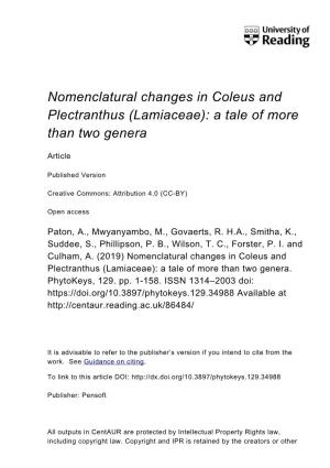 Nomenclatural Changes in Coleus and Plectranthus (Lamiaceae): a Tale of More Than Two Genera