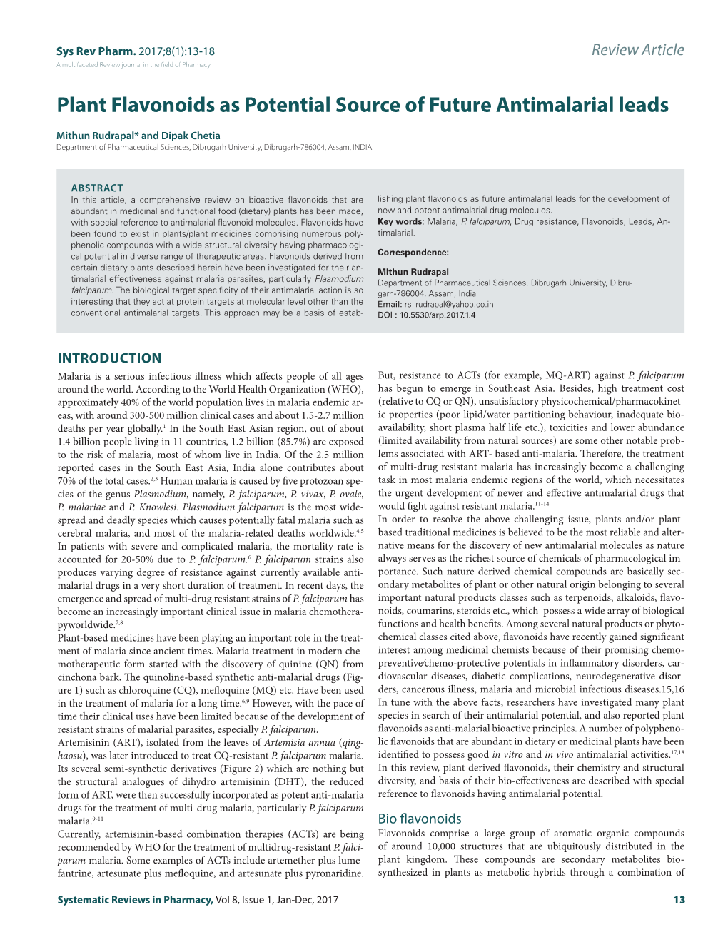 Plant Flavonoids As Potential Source of Future Antimalarial Leads