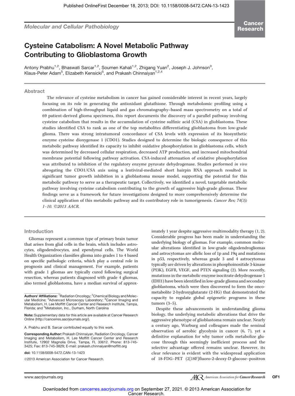 Cysteine Catabolism: a Novel Metabolic Pathway Contributing to Glioblastoma Growth