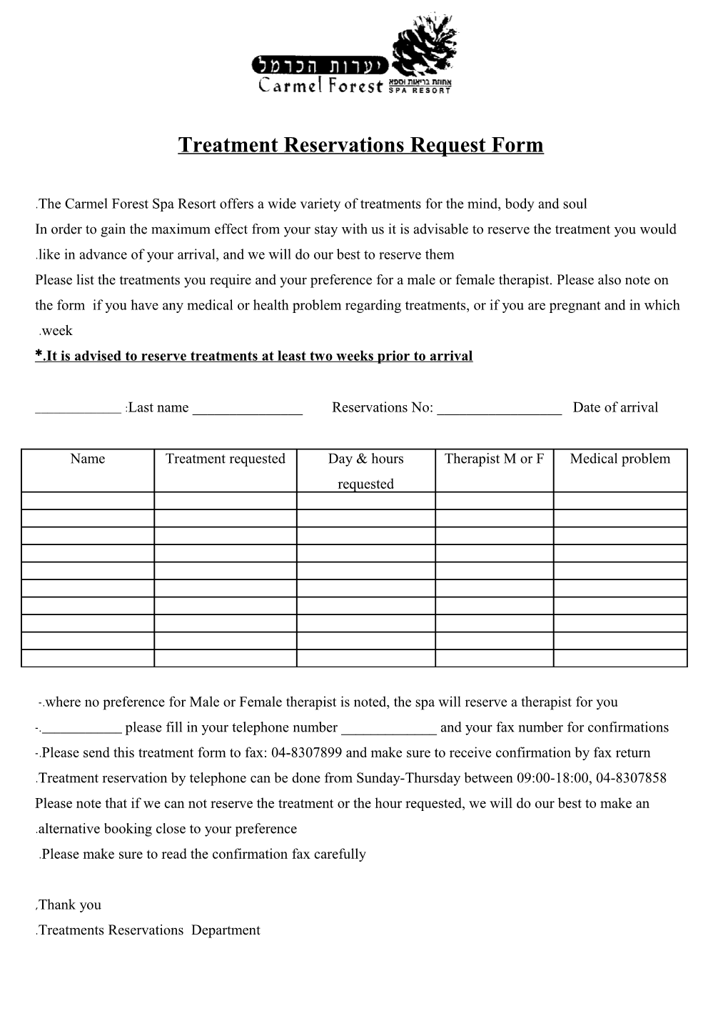 Treatment Reservations Request Form