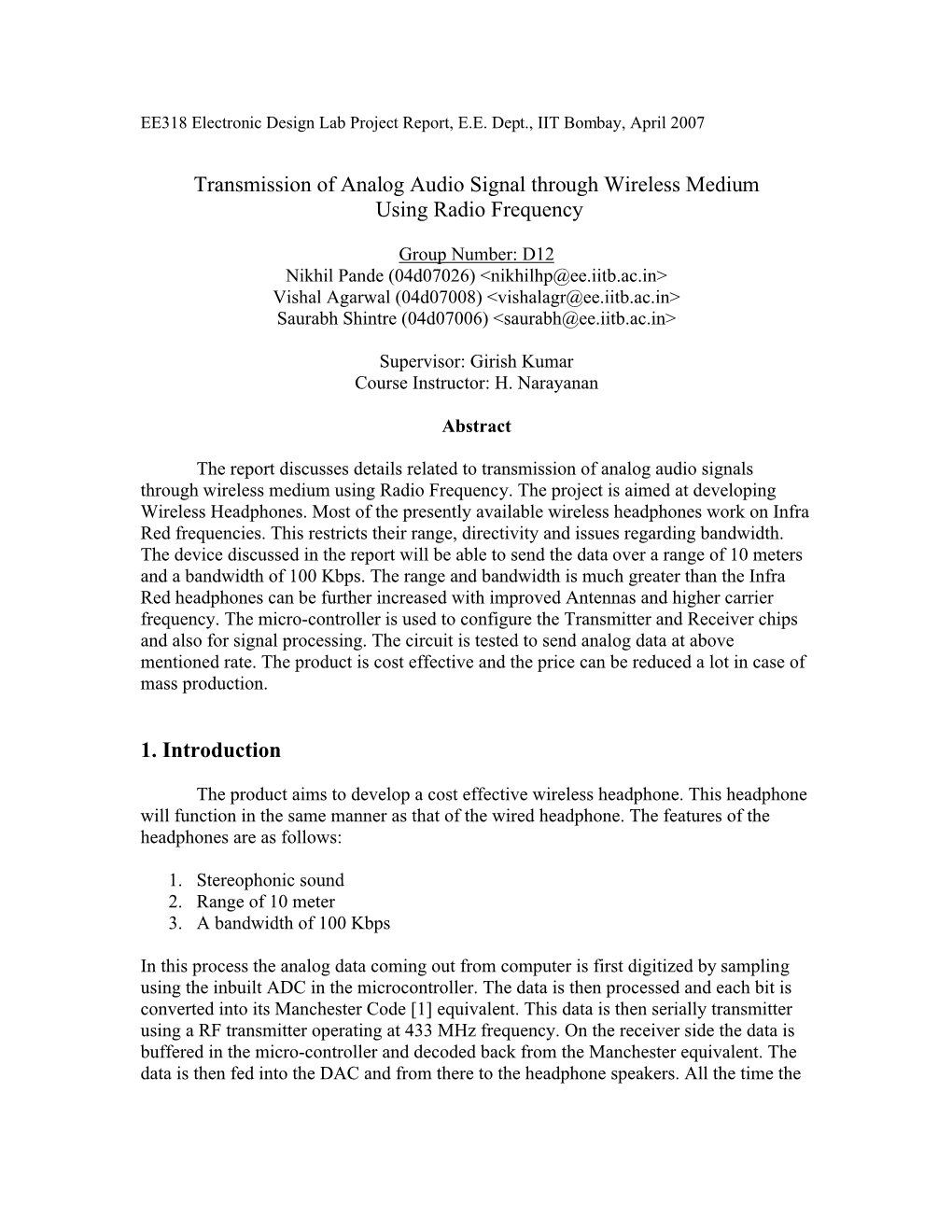 Transmission of Analog Audio Signal Through Wireless Medium Using Radio Frequency 1. Introduction