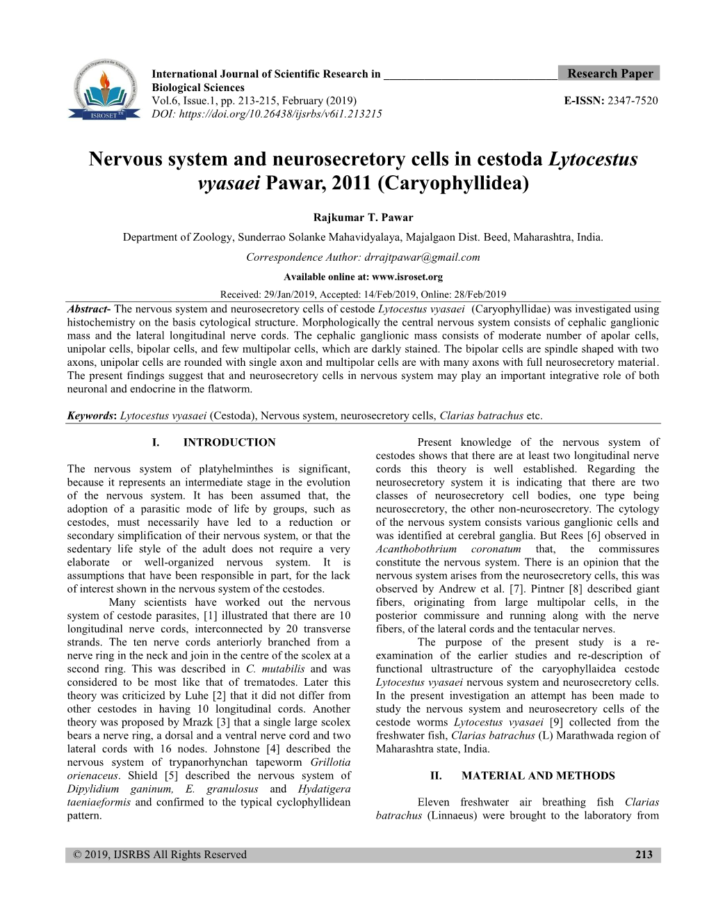 Nervous System and Neurosecretory Cells in Cestoda Lytocestus Vyasaei Pawar, 2011 (Caryophyllidea)