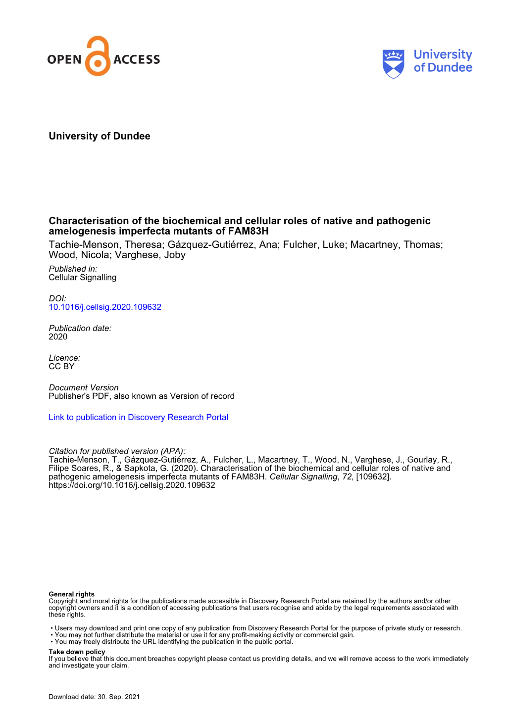 Characterisation of the Biochemical and Cellular Roles of Native And