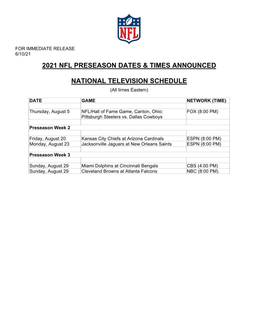2021 Nfl Preseason Dates & Times Announced National Television Schedule