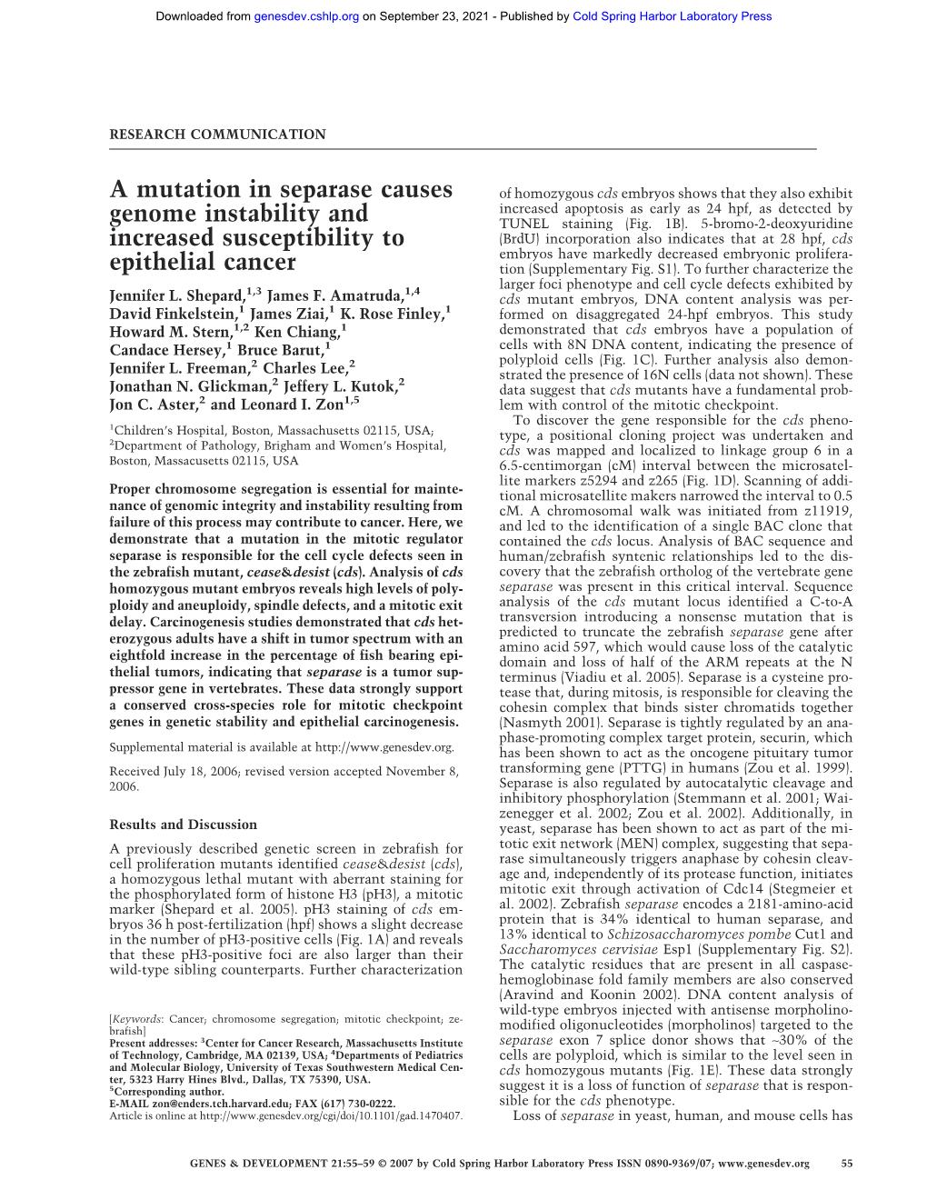 A Mutation in Separase Causes Genome Instability and Increased Susceptibility to Epithelial Cancer