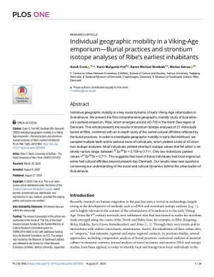 Individual Geographic Mobility in a Viking-Age Emporium—Burial Practices and Strontium Isotope Analyses of Ribe’S Earliest Inhabitants