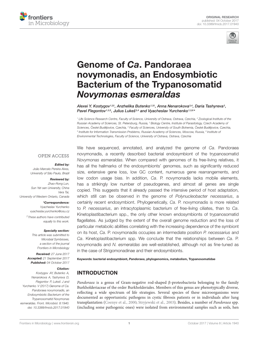 Genome of Ca. Pandoraea Novymonadis, an Endosymbiotic Bacterium of the Trypanosomatid Novymonas Esmeraldas