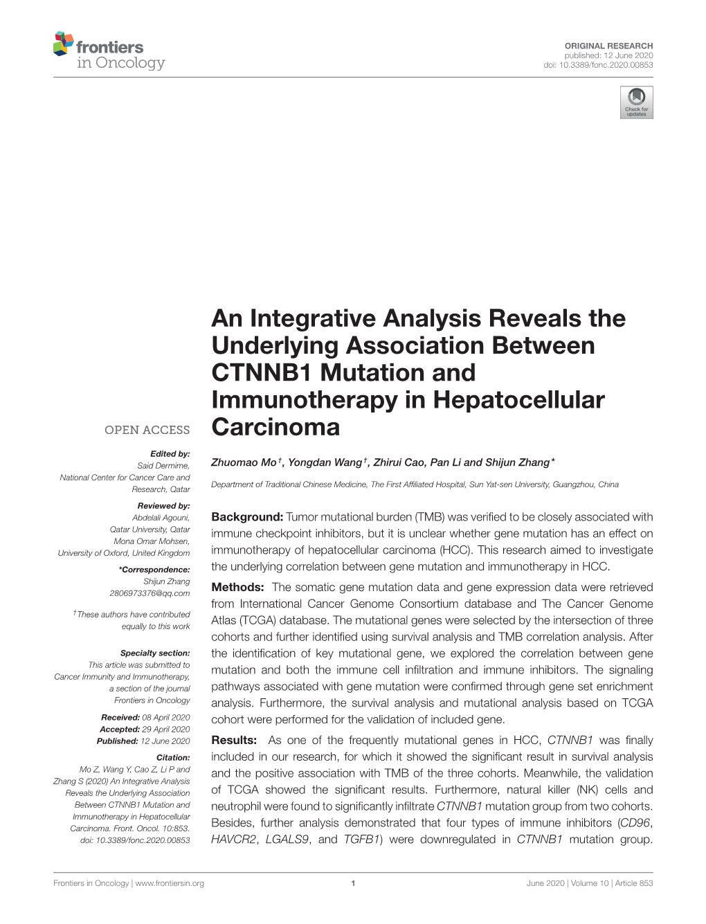 An Integrative Analysis Reveals the Underlying Association Between CTNNB1 Mutation and Immunotherapy in Hepatocellular Carcinoma