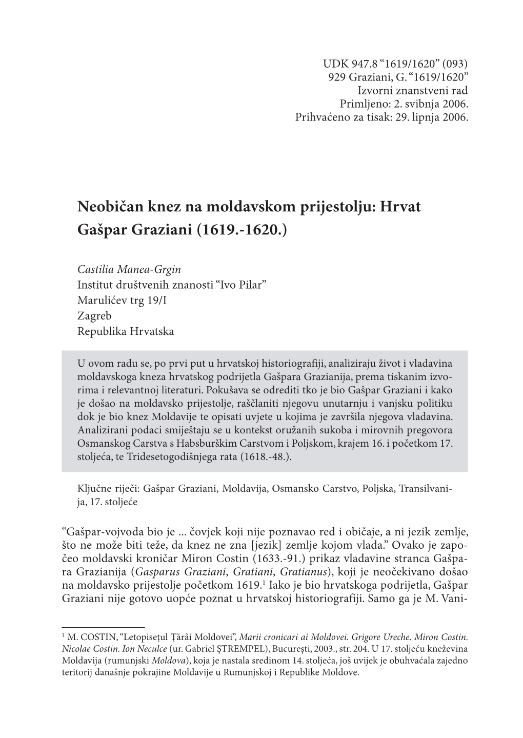 Neobičan Knez Na Moldavskom Prijestolju: Hrvat Gašpar Graziani (1619.-1620.)
